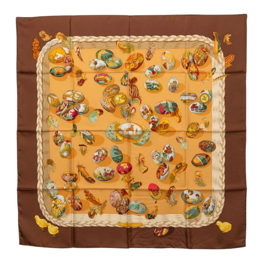 Hermes Carre 90 Couvee d'Hermes Egg Scarf/Muffler, Brown Multicolor Silk, Wom...